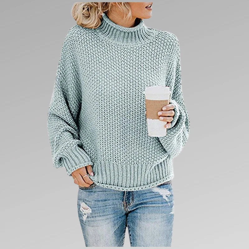 Women's sky blue high-neck knit sweater