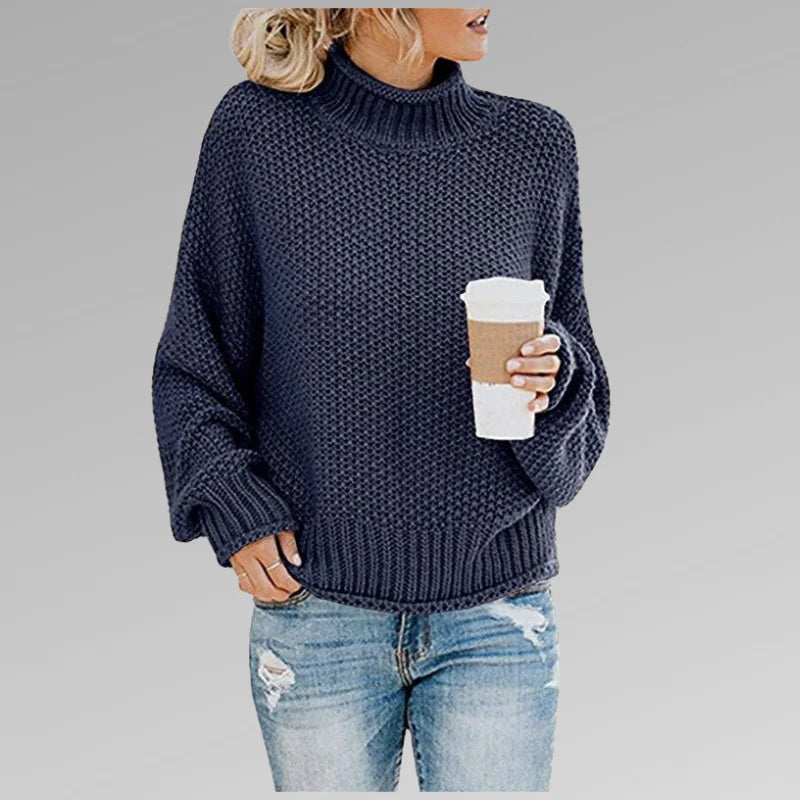 Women's blue high-neck knit sweater