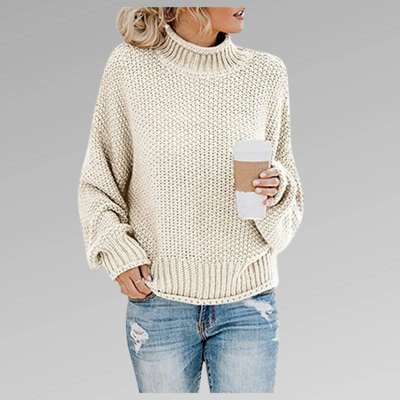 Women's white high-neck knit sweater