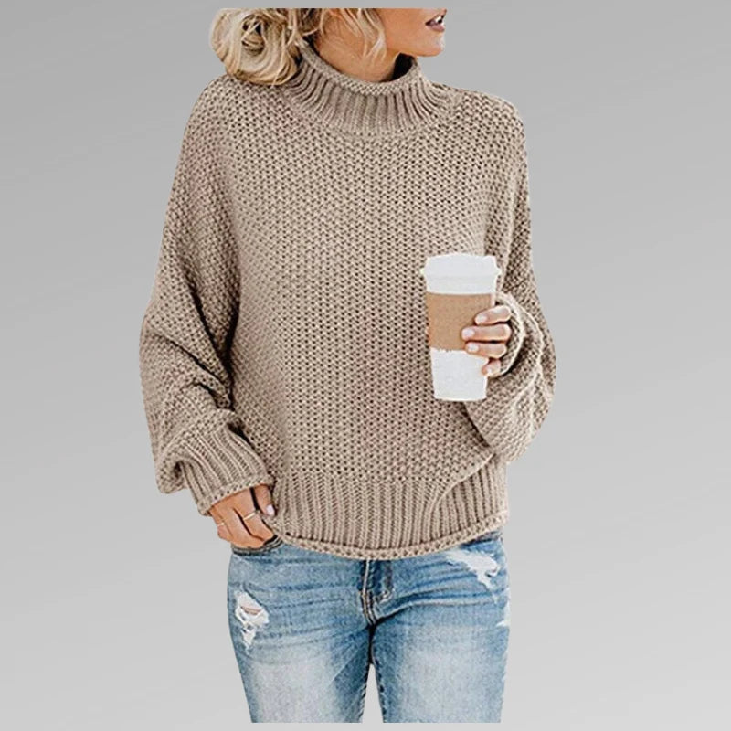 Women's beige high-neck knit sweater