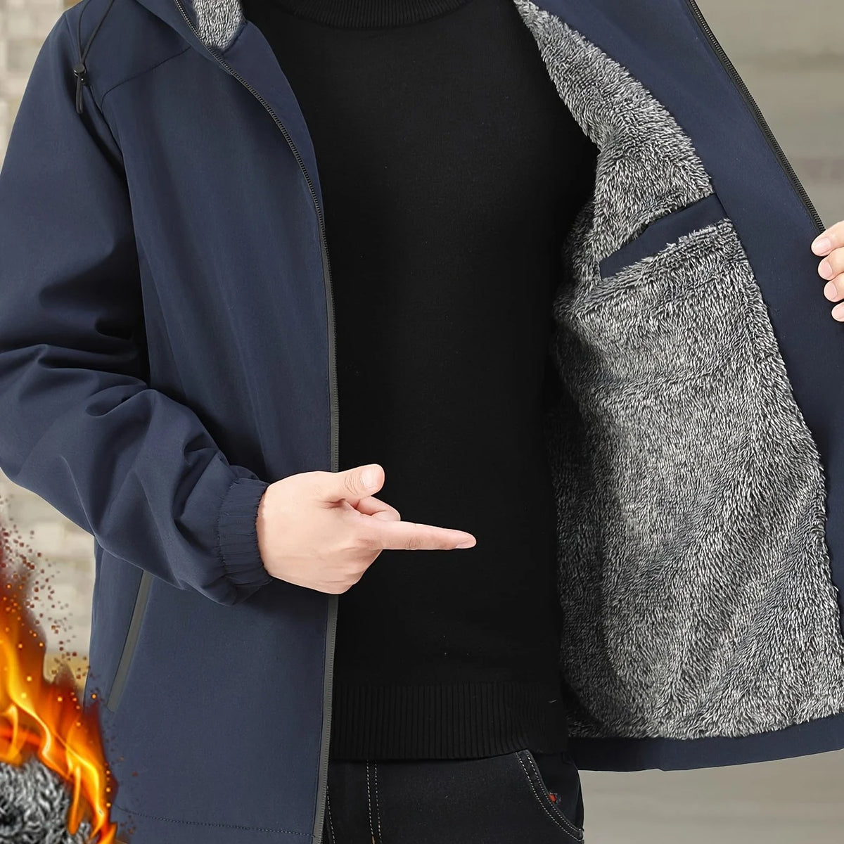 Men's navy sherpa-Lined Hooded Fleece Jacket with Zip Pockets