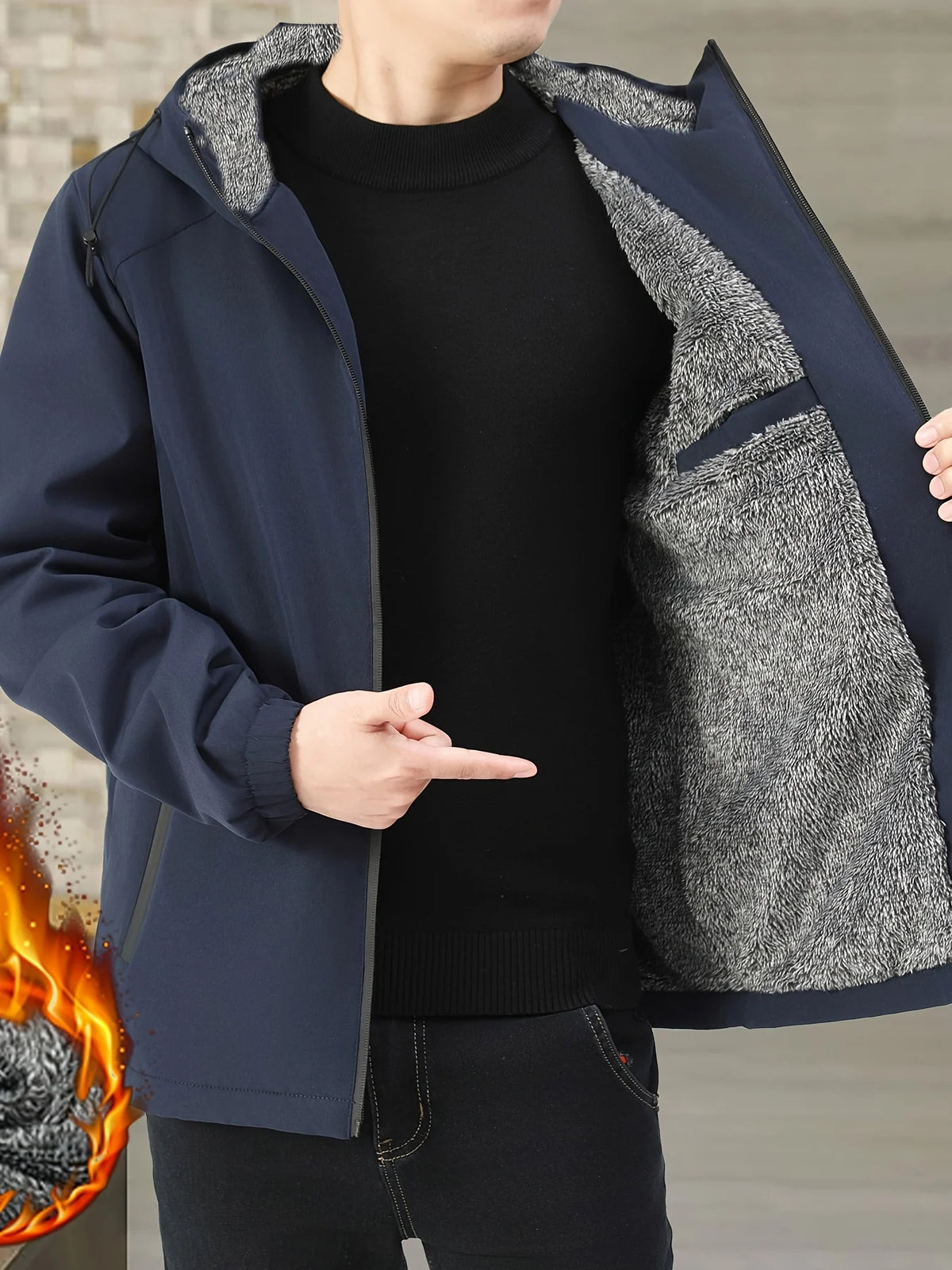 Men's navy sherpa-Lined Hooded Fleece Jacket with Zip Pockets