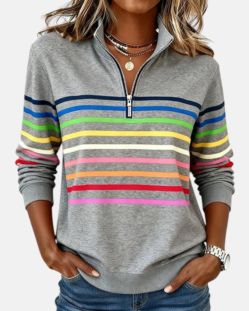 Women's gray rainbow striped half-zip sweatshirt