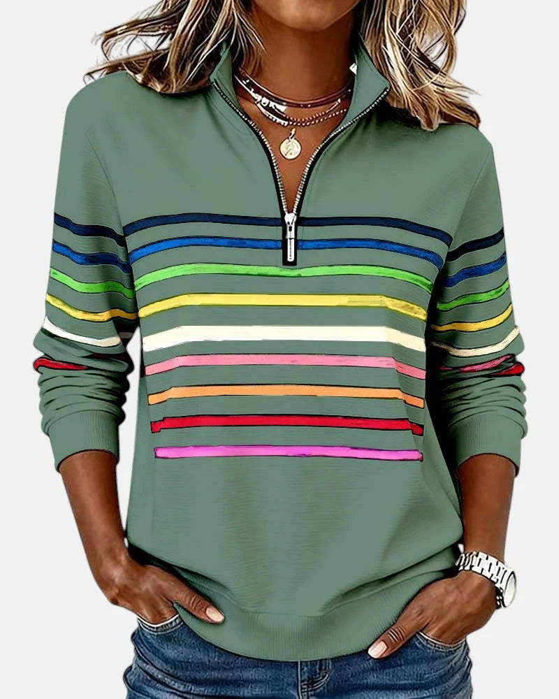 Women's green rainbow striped half-zip sweatshirt