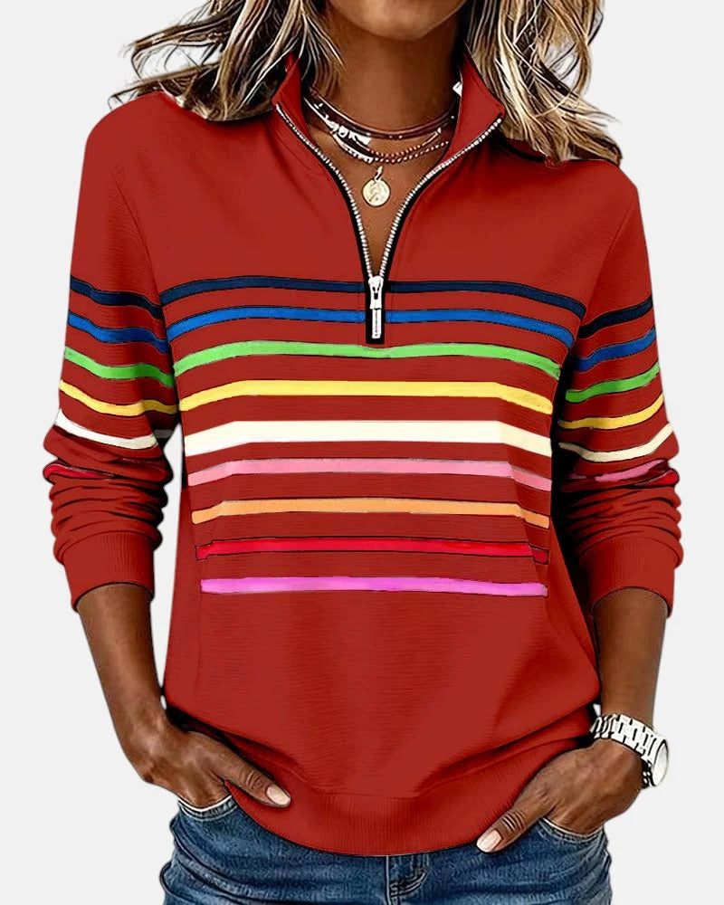 Women's red rainbow striped half-zip sweatshirt