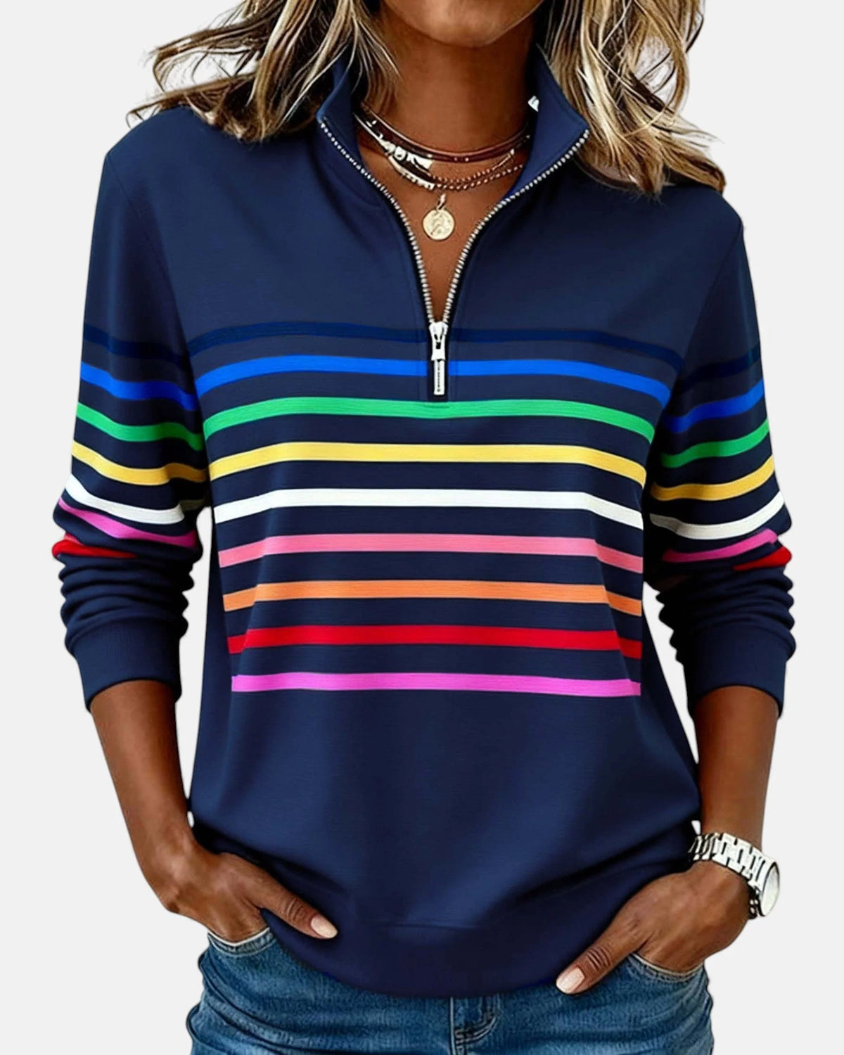 Women's navy rainbow striped half-zip sweatshirt