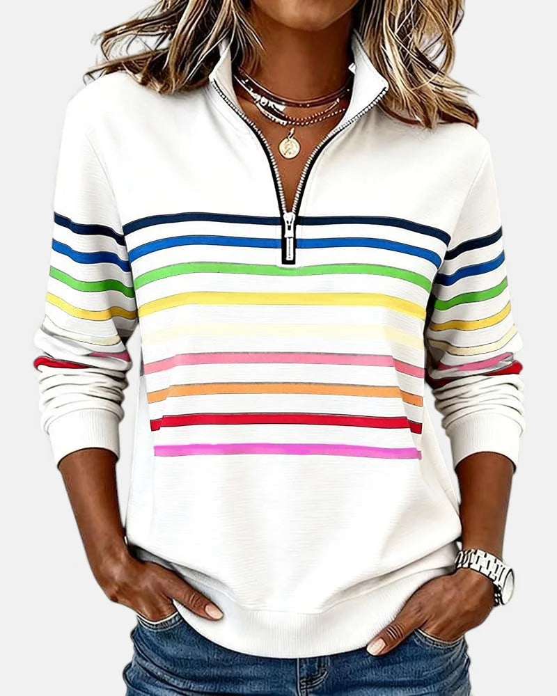 Women's white rainbow striped half-zip sweatshirt