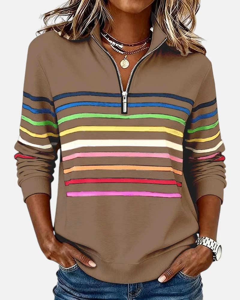 Women's khaki rainbow striped half-zip sweatshirt