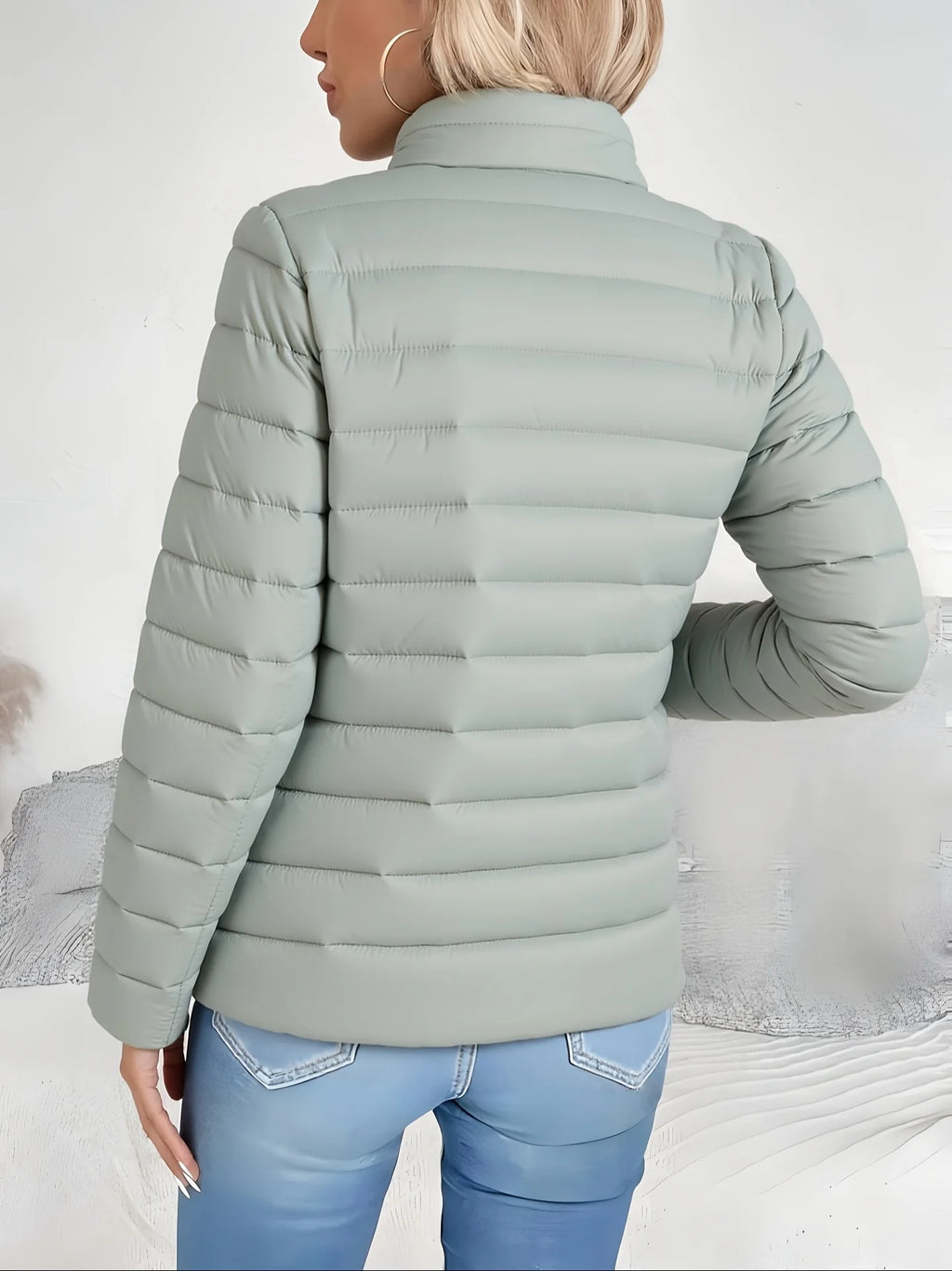 Women's matcha green cropped puffer jacket with stand collar