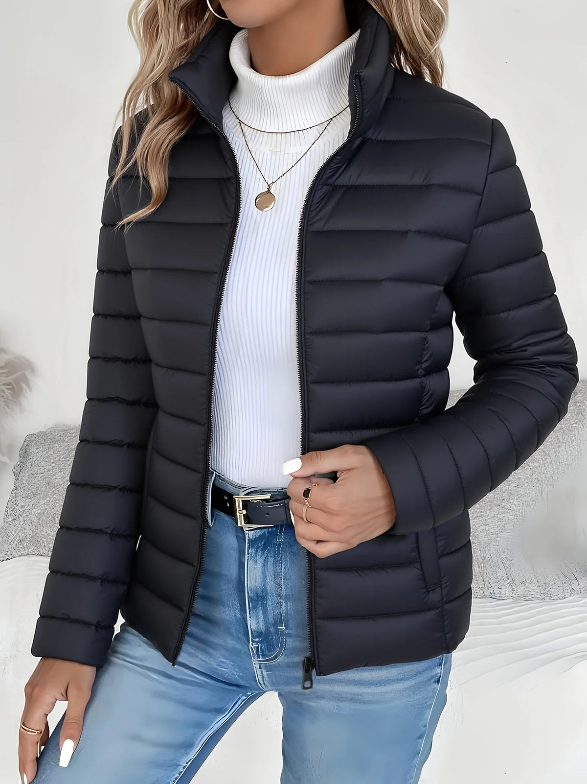 Women's black cropped puffer jacket with stand collar