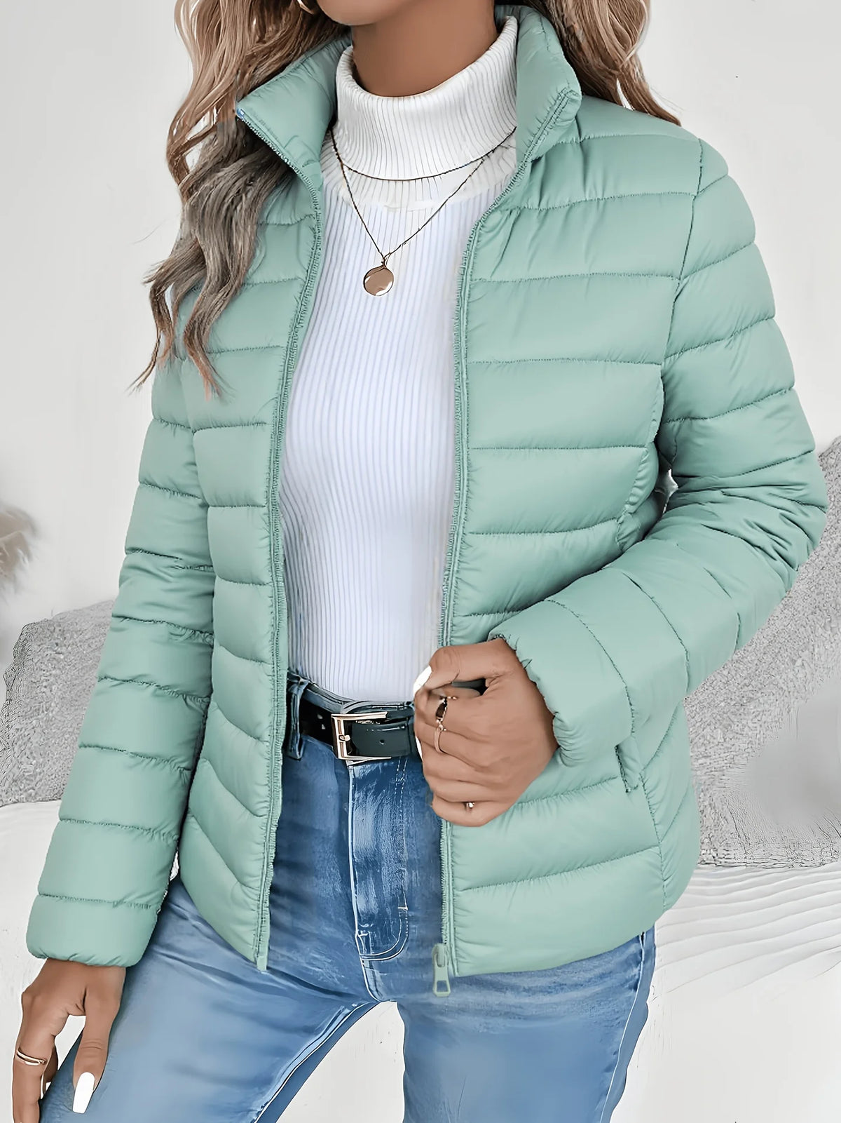Women's mint cropped puffer jacket with stand collar