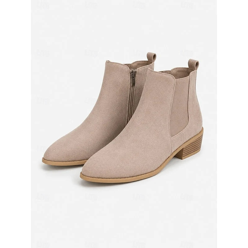 Women's gray suede Pointed-Toe Block Heel Boots with Side Zip