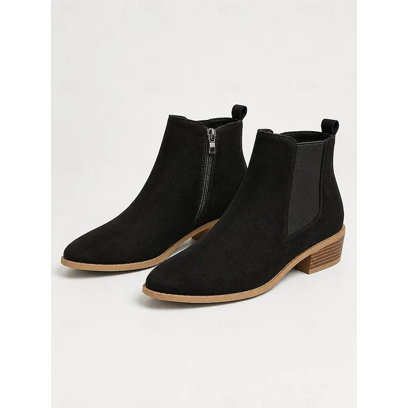 Women's black suede Pointed-Toe Block Heel Boots with Side Zip