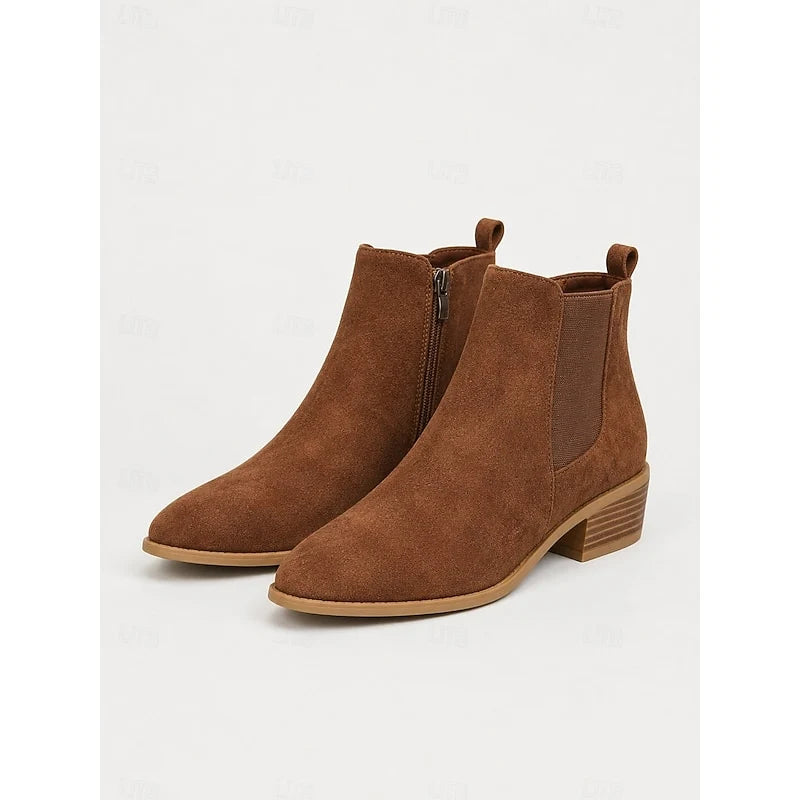 Women's dark brown suede Pointed-Toe Block Heel Boots with Side Zip