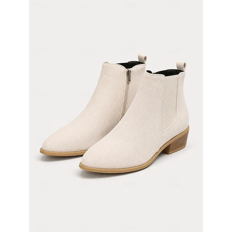 Women's beige suede Pointed-Toe Block Heel Boots with Side Zip