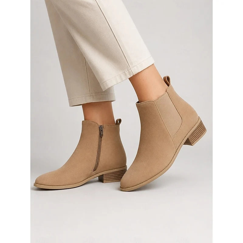 Women's beige suede Pointed-Toe Block Heel Boots with Side Zip