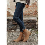 Women's beige suede Pointed-Toe Block Heel Boots with Side Zip