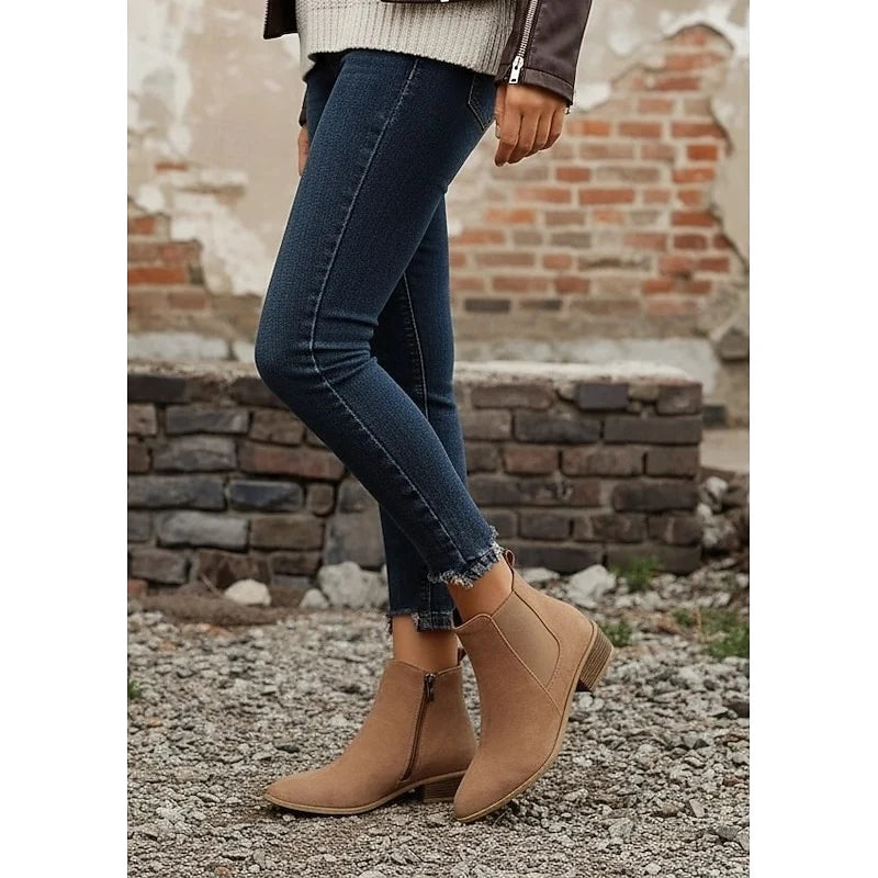 Women's beige suede Pointed-Toe Block Heel Boots with Side Zip