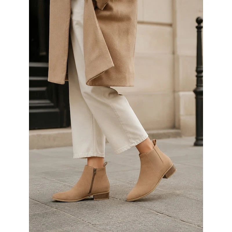 Women's beige suede Pointed-Toe Block Heel Boots with Side Zip