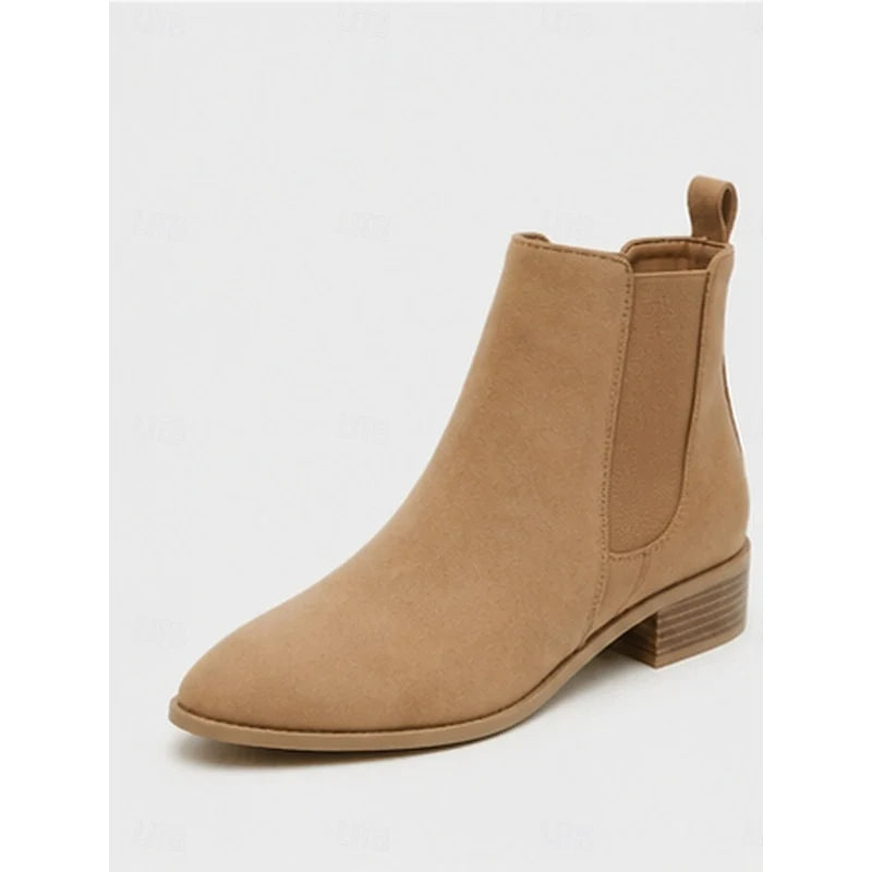 Women's beige suede Pointed-Toe Block Heel Boots with Side Zip