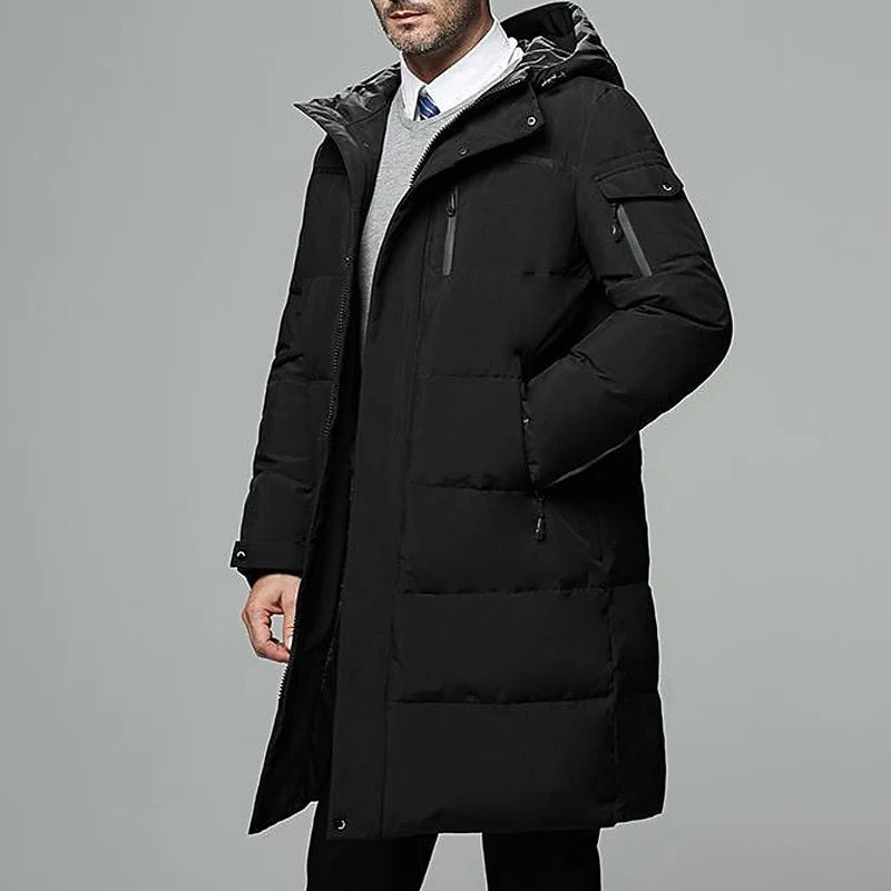 Men's black zip-Up Hooded Longline Puffer Coat with Side Pockets
