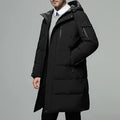 Men's black zip-Up Hooded Longline Puffer Coat with Side Pockets