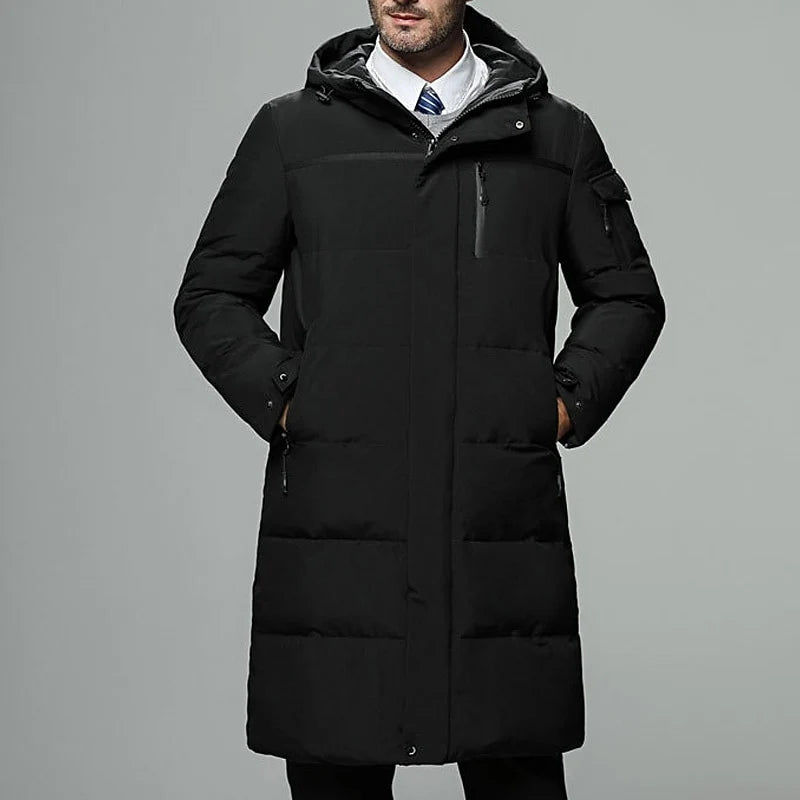 Men's gray zip-Up Hooded Longline Puffer Coat with Side Pockets