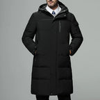 Men's gray zip-Up Hooded Longline Puffer Coat with Side Pockets