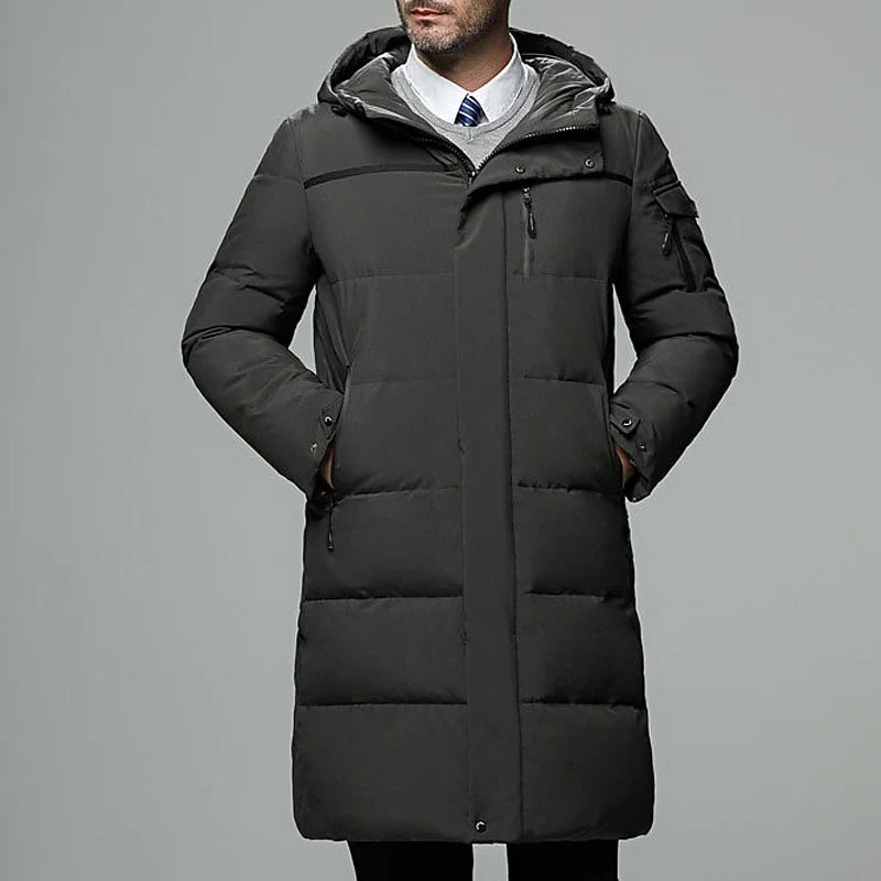 Men's green zip-Up Hooded Longline Puffer Coat with Side Pockets