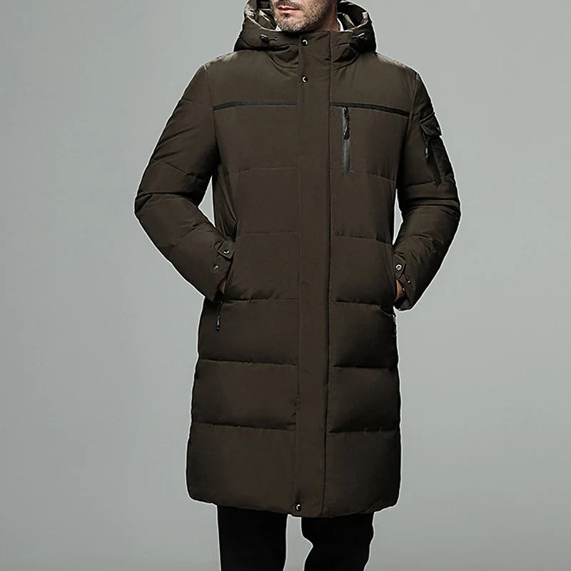 Men's green zip-Up Hooded Longline Puffer Coat with Side Pockets