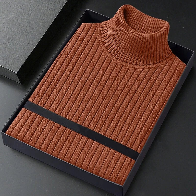 Men's brown ribbed turtleneck sweater, folded in gift box