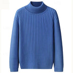 Men's blue ribbed turtleneck sweater, full front view, slim fit