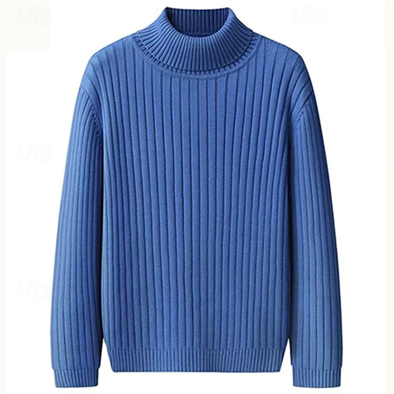 Men's blue ribbed turtleneck sweater, full front view, slim fit