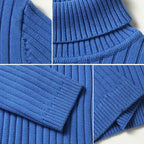 Men's blue ribbed turtleneck sweater, collar and cuff detail