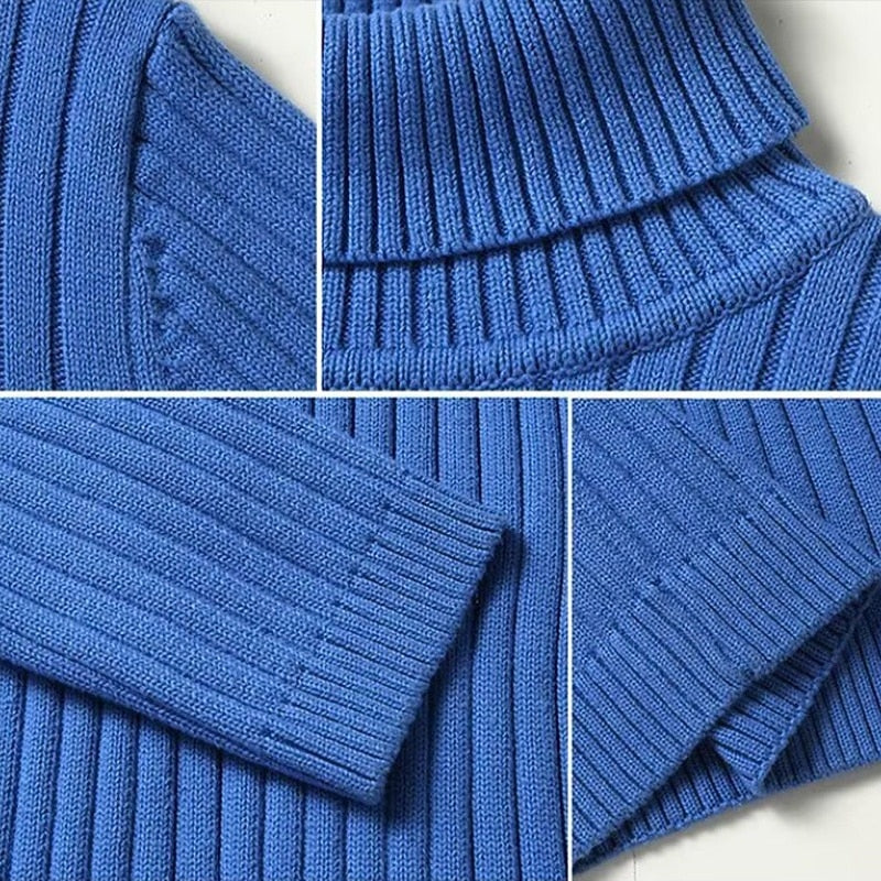 Men's blue ribbed turtleneck sweater, collar and cuff detail