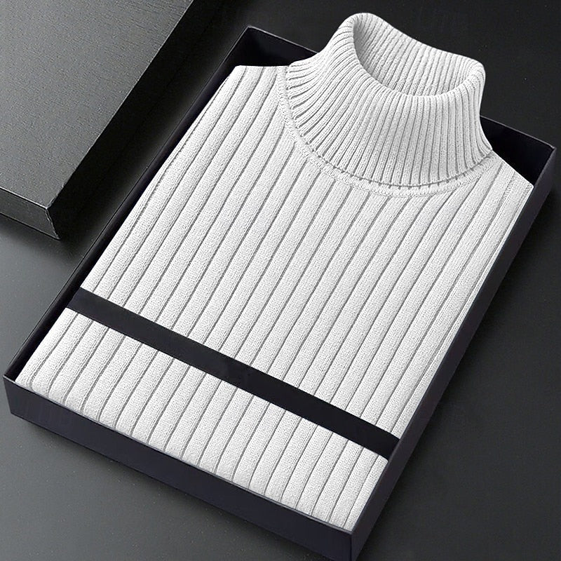 Men's white ribbed turtleneck sweater, folded in gift box
