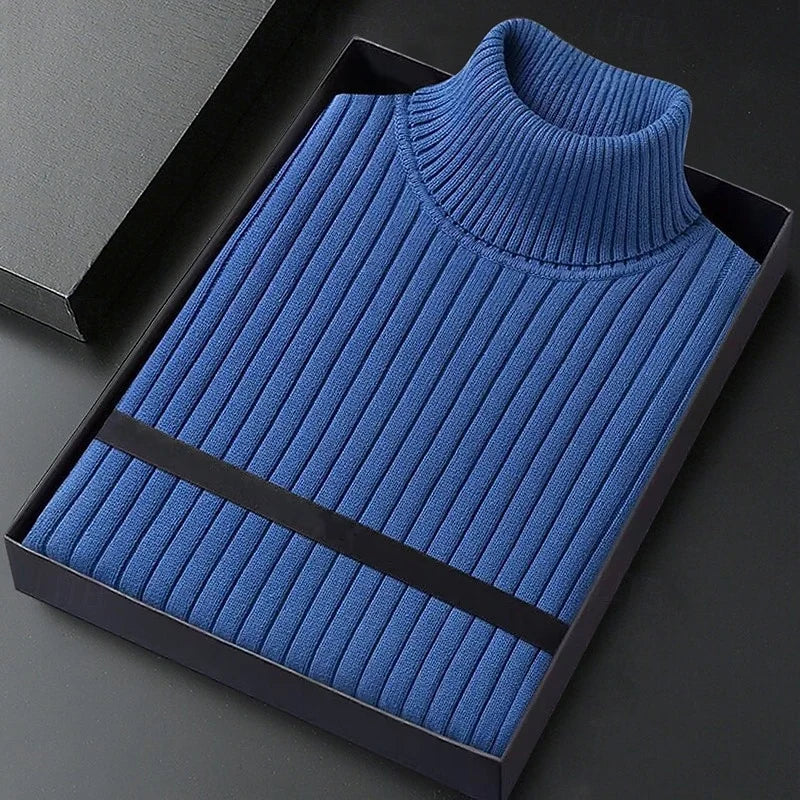 Men's blue ribbed turtleneck sweater, folded in gift box