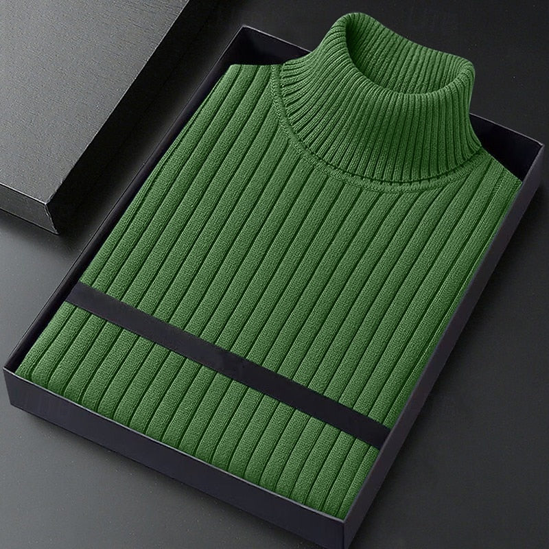 Men's green ribbed turtleneck sweater, folded in gift box