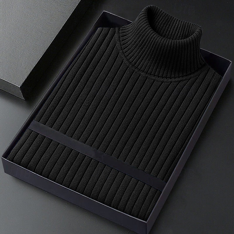 Men's black ribbed turtleneck sweater, folded in gift box