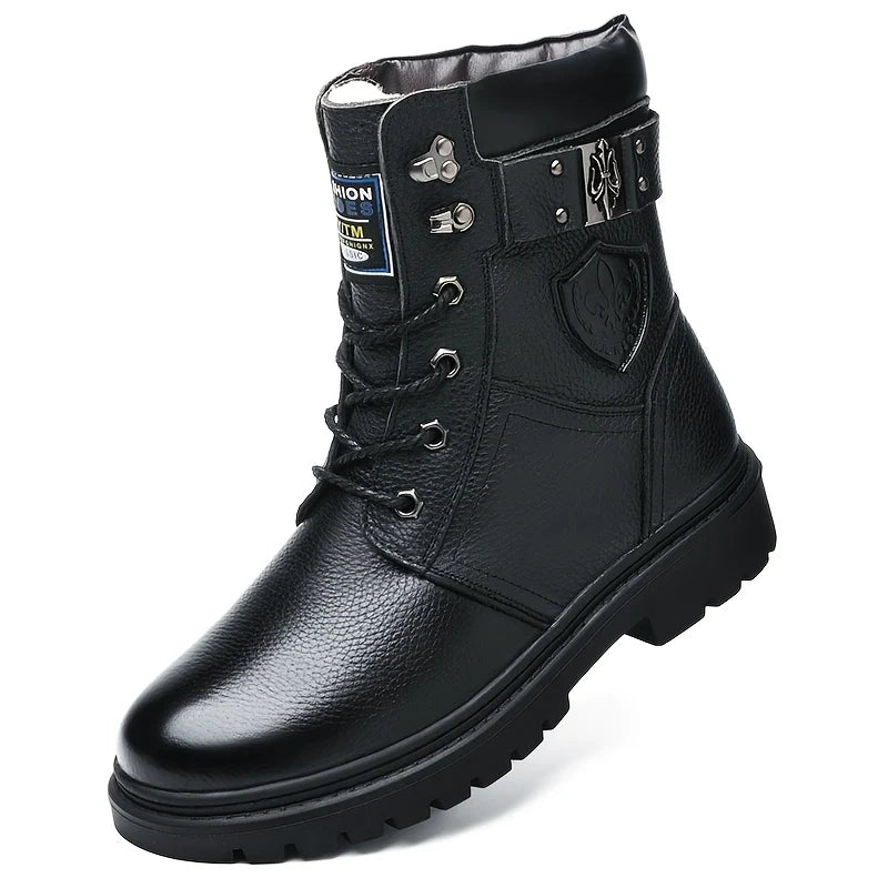 Men's black fleece rugged Combat Boots with Side Buckle for Winter