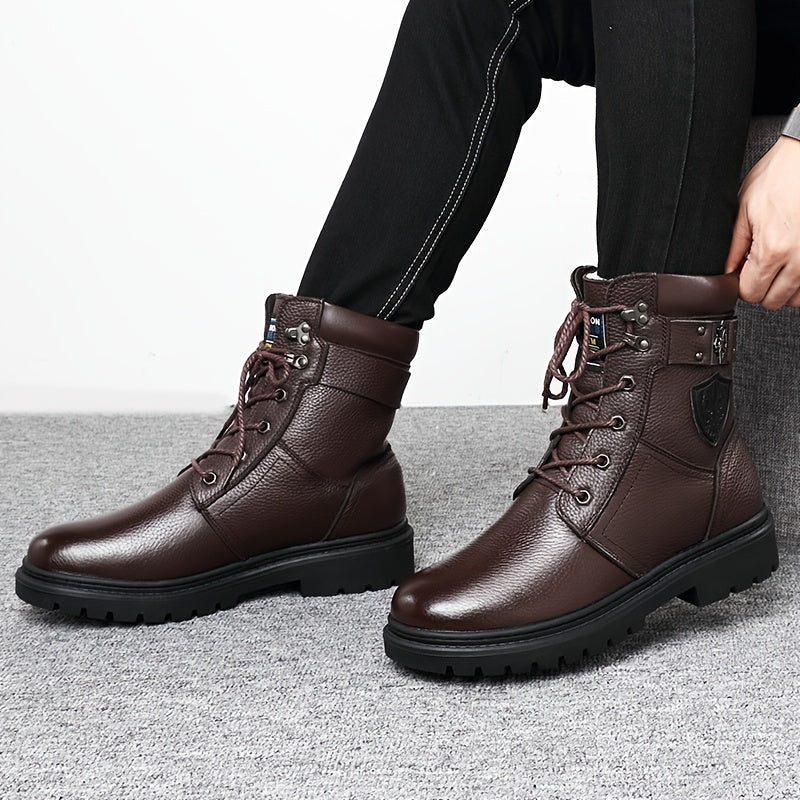 Men's brown with fleece rugged Combat Boots with Side Buckle for Winter
