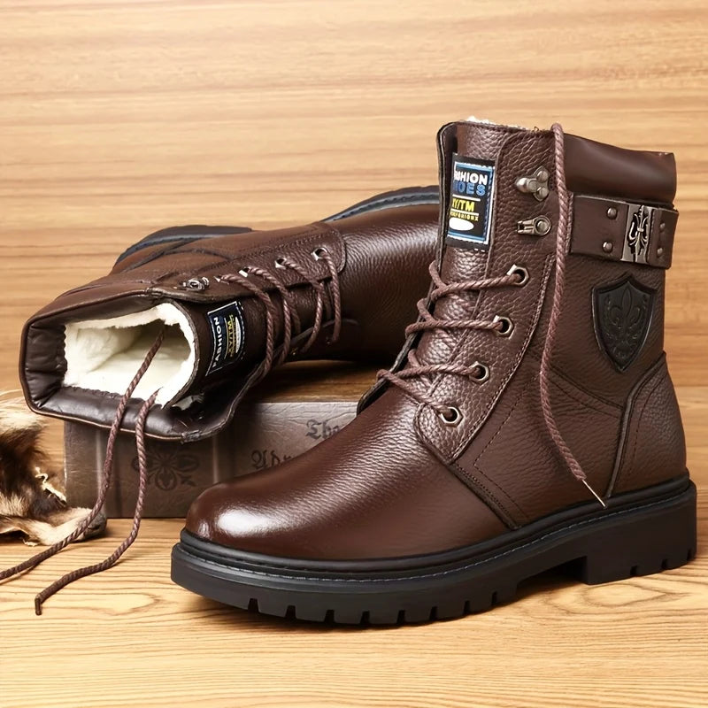 Men's brown with fleece rugged Combat Boots with Side Buckle for Winter