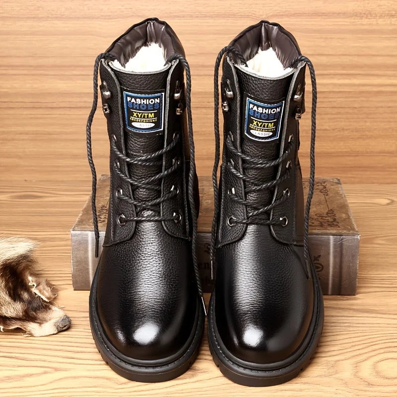 Men's brown with fleece rugged Combat Boots with Side Buckle for Winter