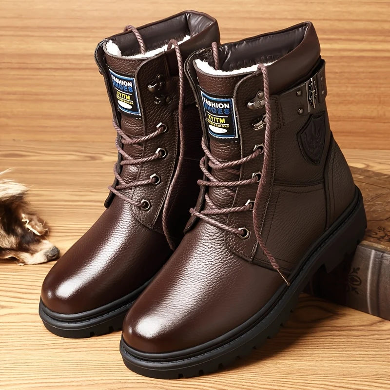 Men's brown with fleece rugged Combat Boots with Side Buckle for Winter