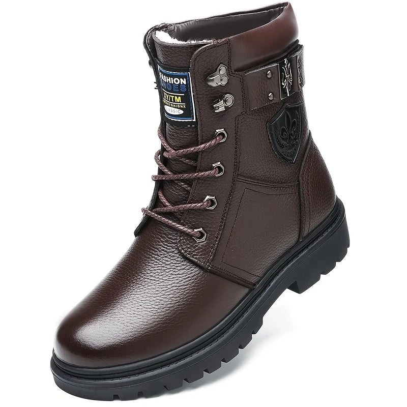 Men's brown with fleece rugged Combat Boots with Side Buckle for Winter