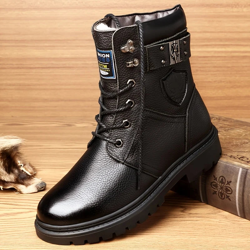 Men's brown with fleece rugged Combat Boots with Side Buckle for Winter