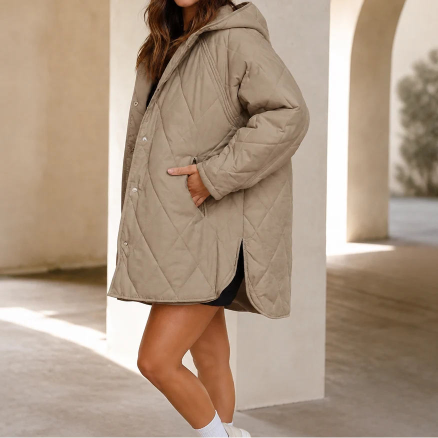 Women's olive green diamond-quilted hooded puffer jacket
