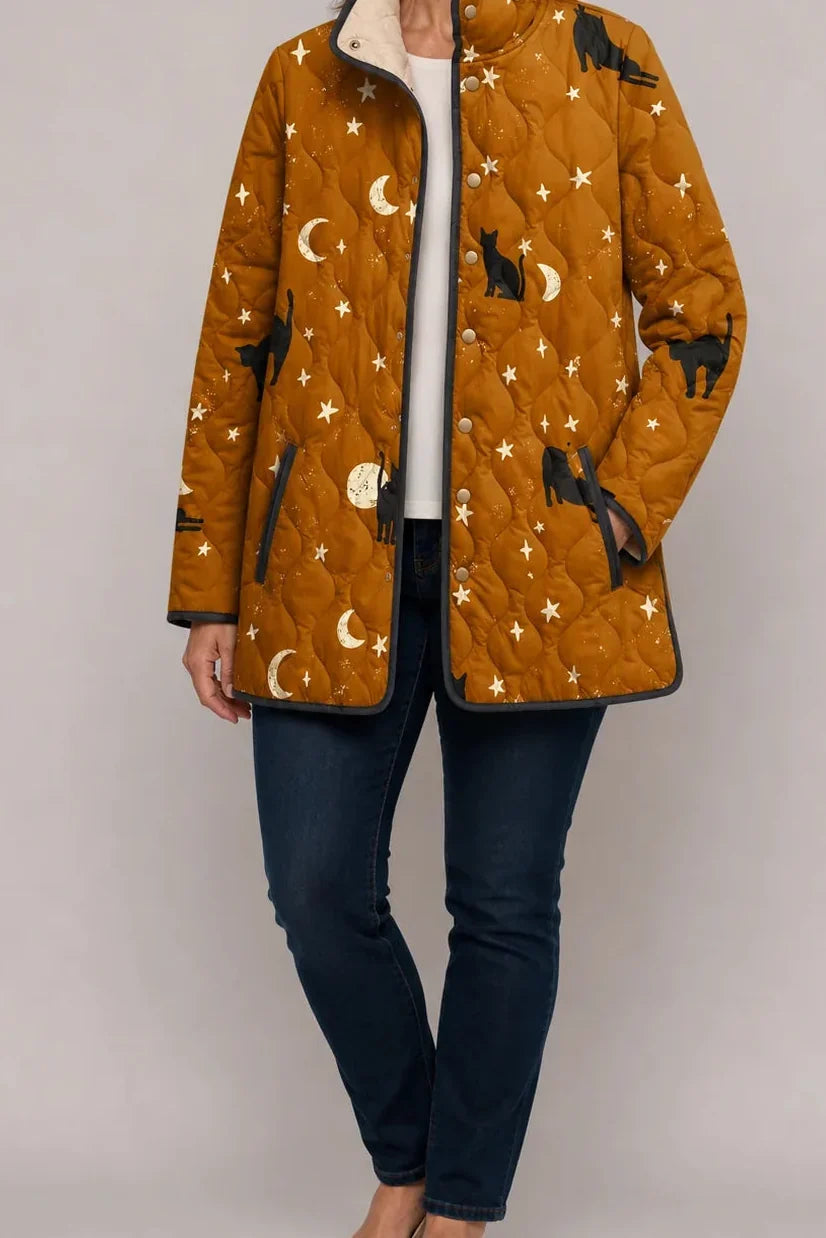 Women's mustard cat star printed quilted puffer jacket