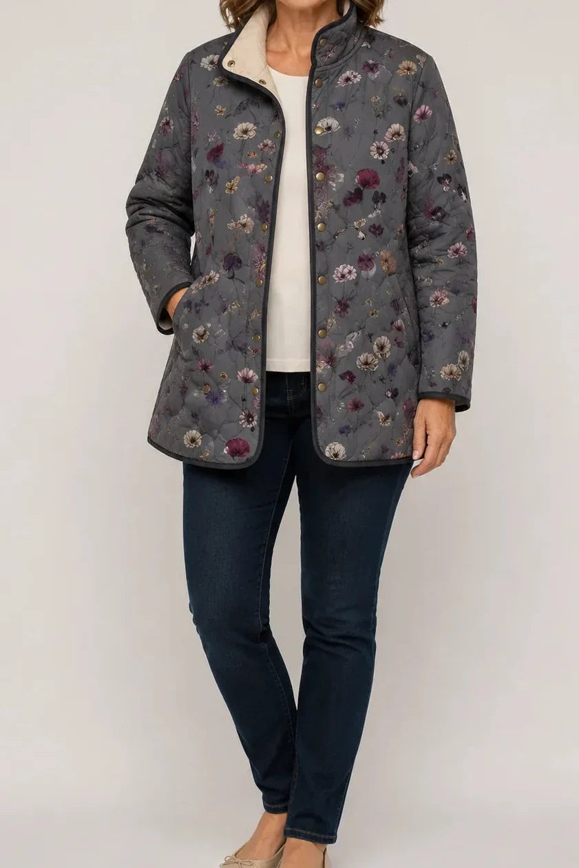 Women's gray wildflower printed quilted puffer jacket