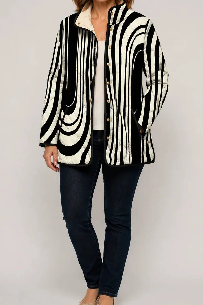 Women's black geometric printed quilted puffer jacket